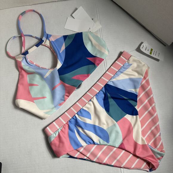 Splendid Girls Reversible Mosaic Palm High Neck High Waist Pant Bikini Set Sz 14 - Picture 4 of 7
